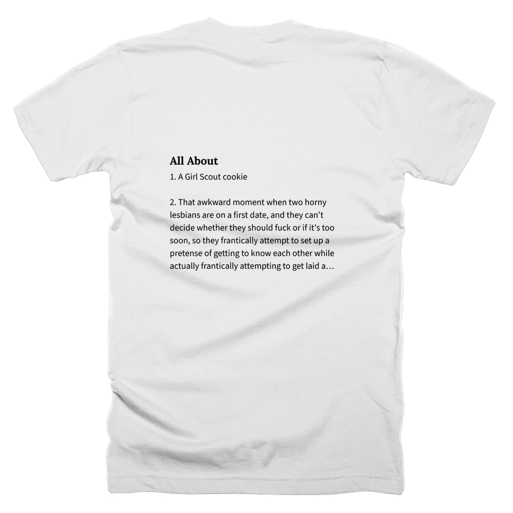 T-shirt with a definition of 'All About' printed on the back