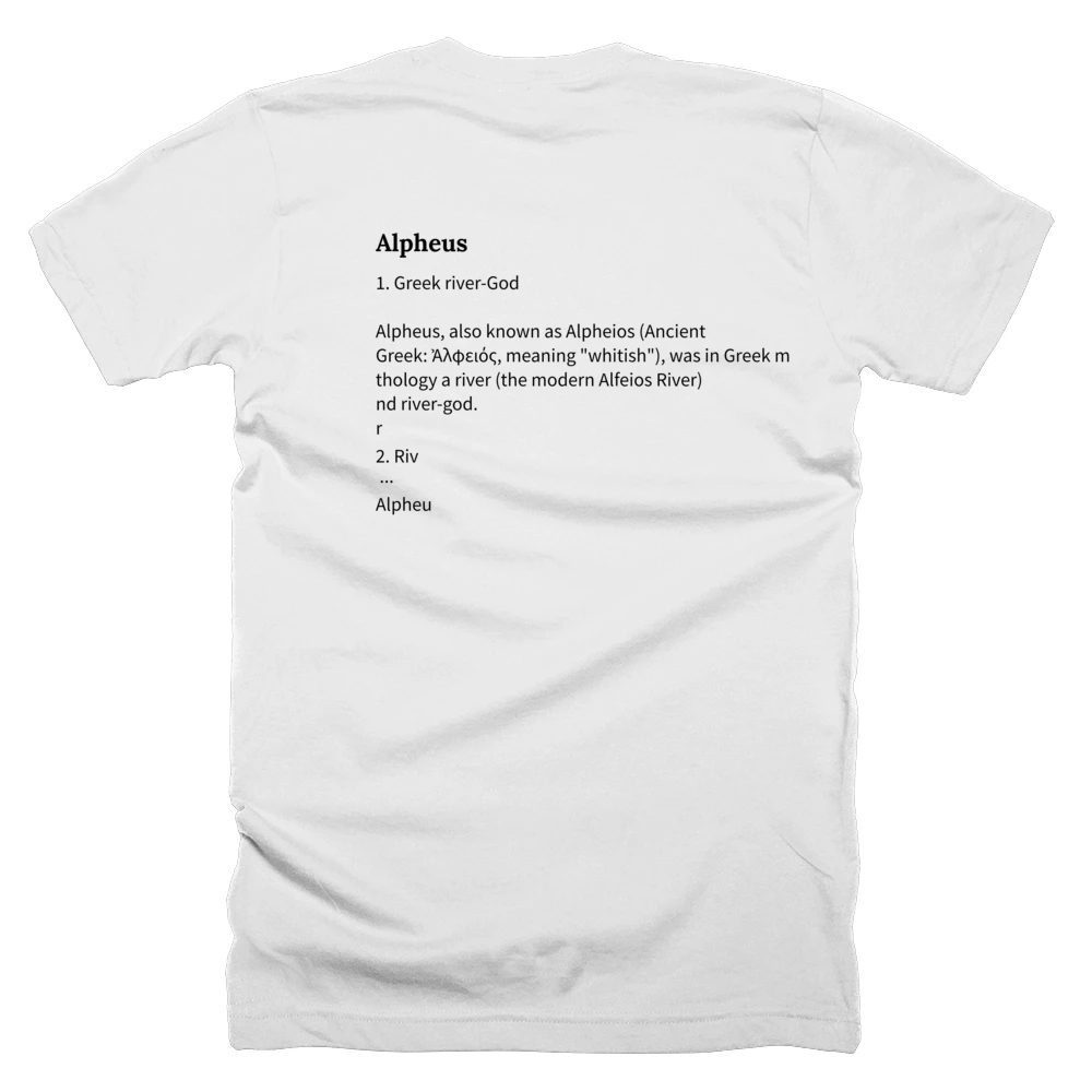 T-shirt with a definition of 'Alpheus' printed on the back