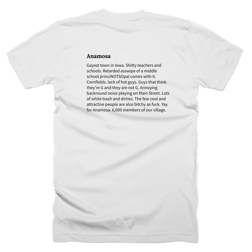 T-shirt with a definition of 'Anamosa' printed on the back