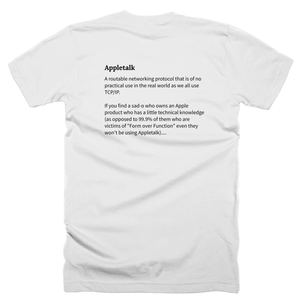 T-shirt with a definition of 'Appletalk' printed on the back