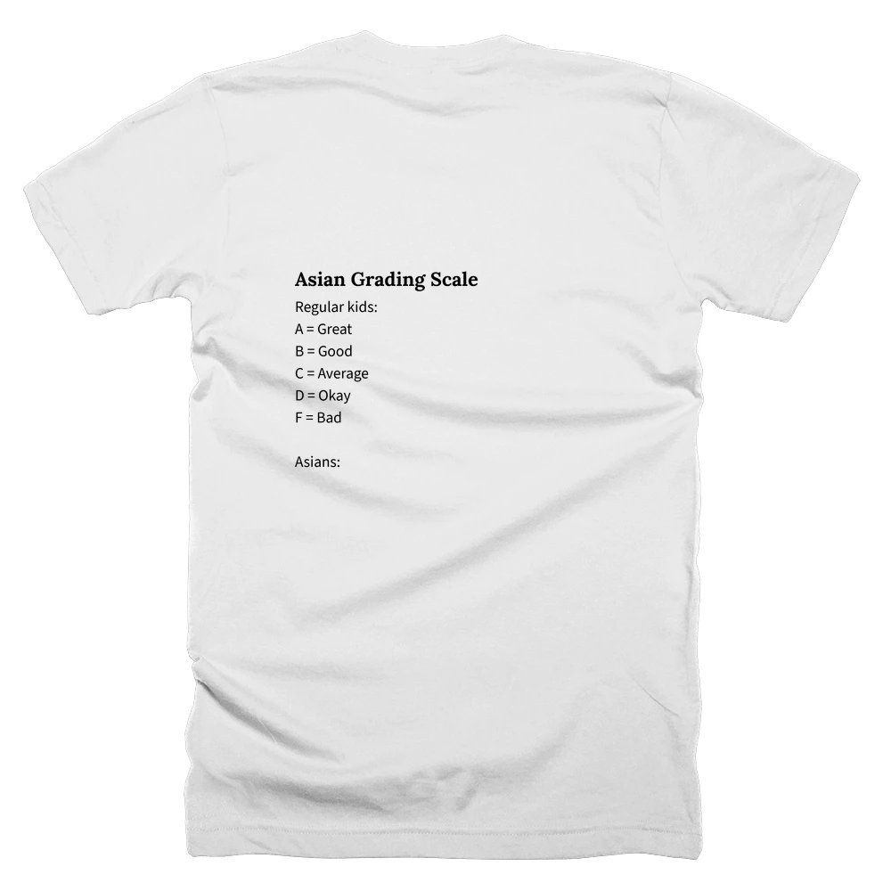 T-shirt with a definition of 'Asian Grading Scale' printed on the back