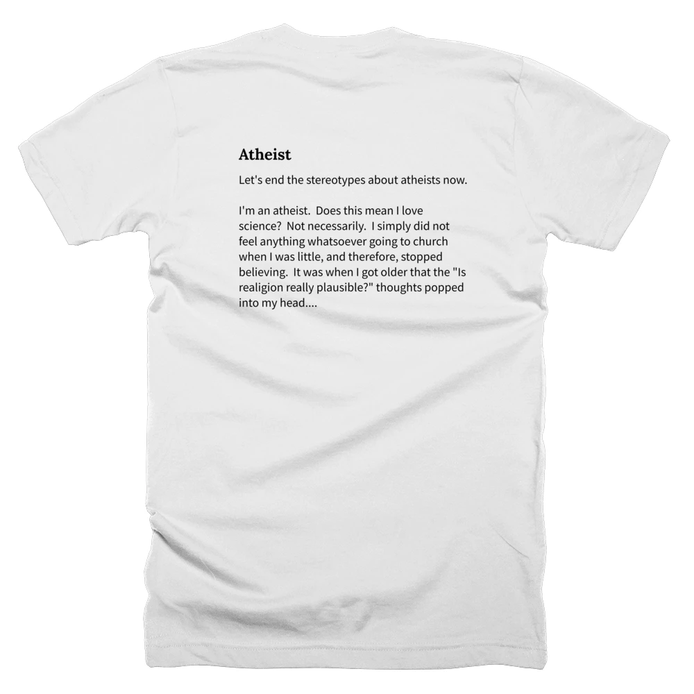 T-shirt with a definition of 'Atheist' printed on the back