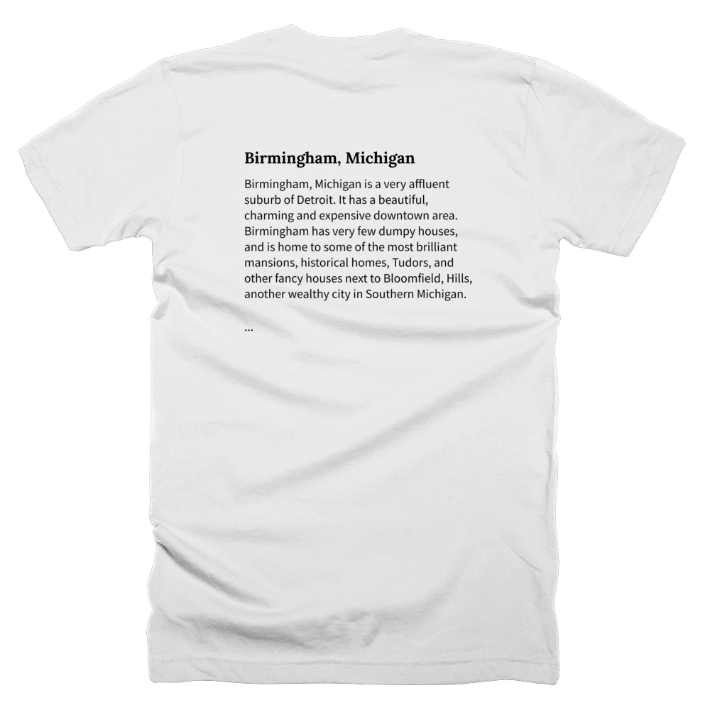 T-shirt with a definition of 'Birmingham, Michigan' printed on the back