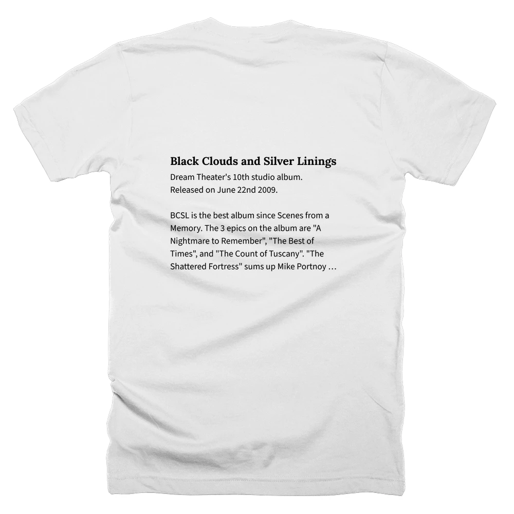 T-shirt with a definition of 'Black Clouds and Silver Linings' printed on the back