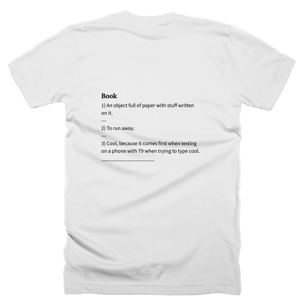 T-shirt with a definition of 'Book' printed on the back