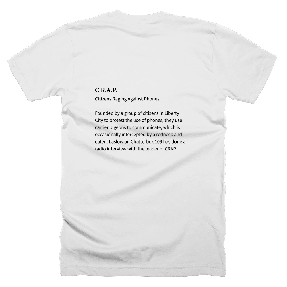 T-shirt with a definition of 'C.R.A.P.' printed on the back