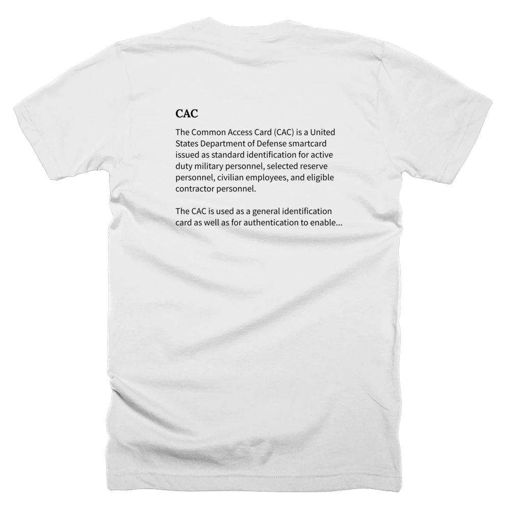 T-shirt with a definition of 'CAC' printed on the back