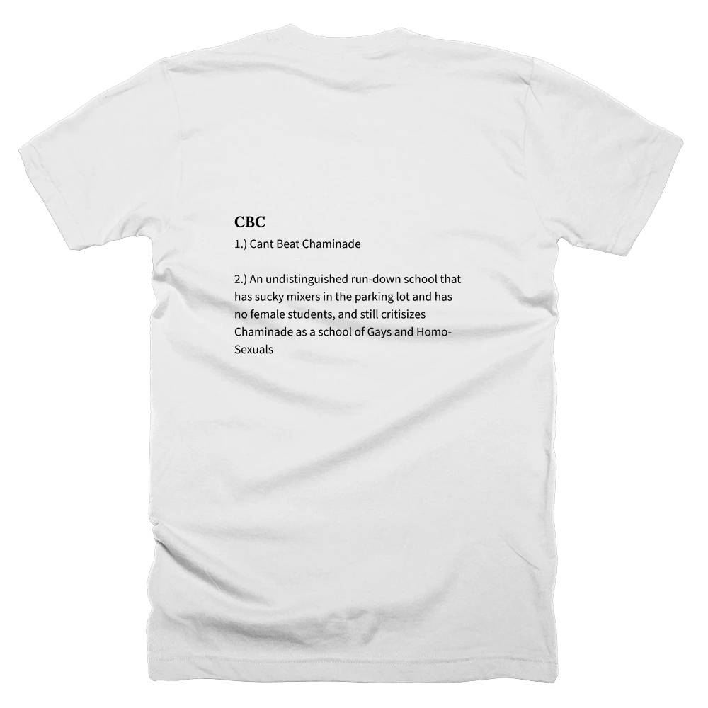 T-shirt with a definition of 'CBC' printed on the back