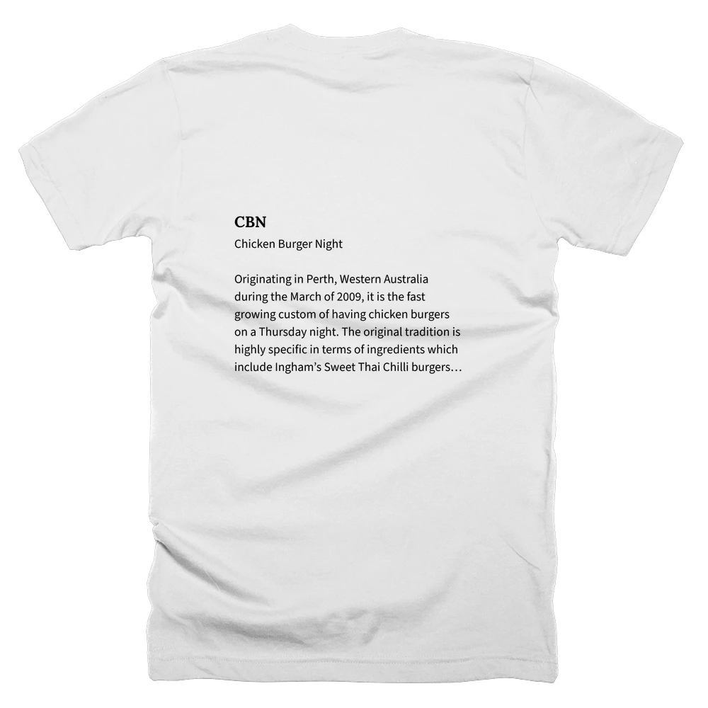 T-shirt with a definition of 'CBN' printed on the back