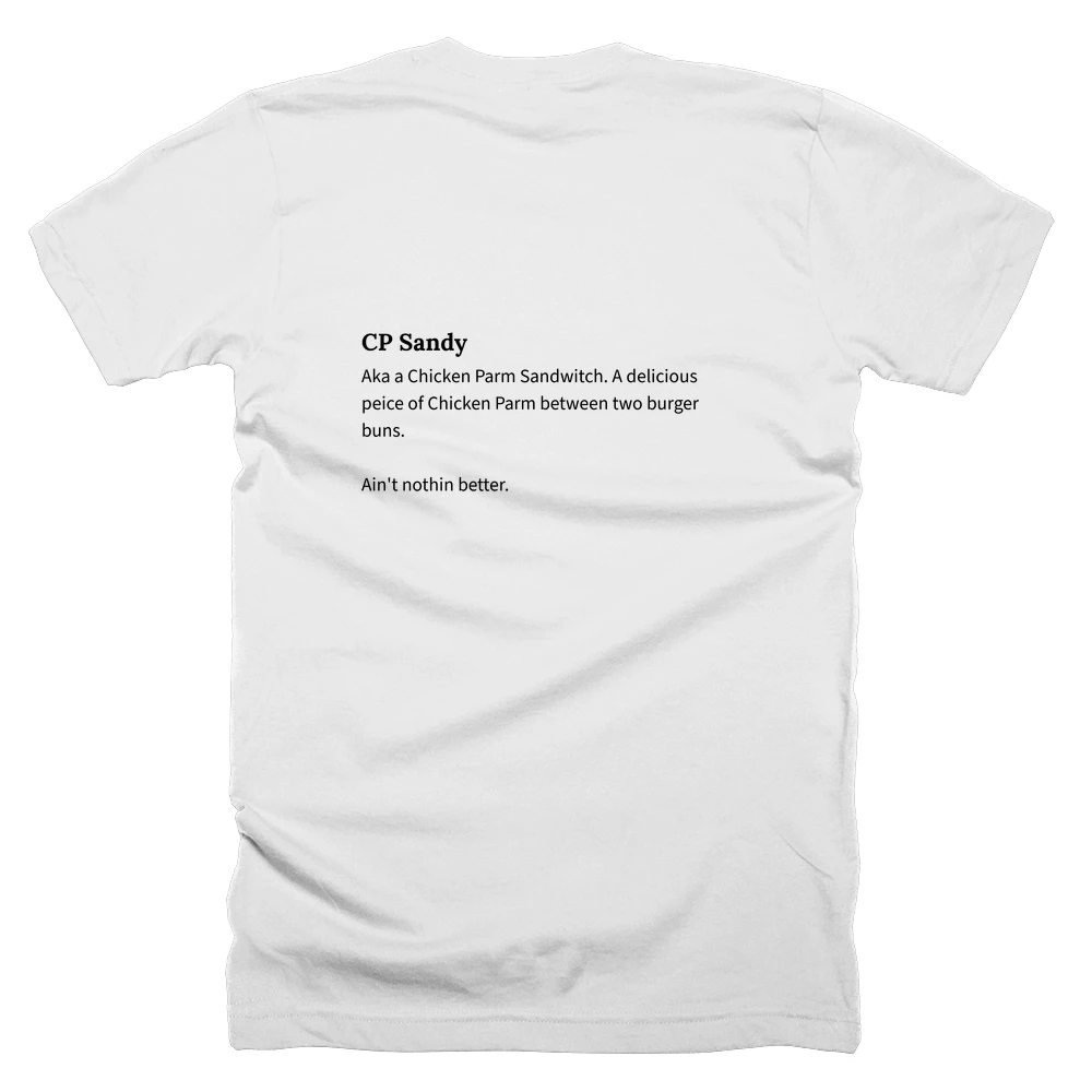 T-shirt with a definition of 'CP Sandy' printed on the back