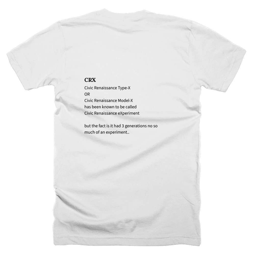 T-shirt with a definition of 'CRX' printed on the back