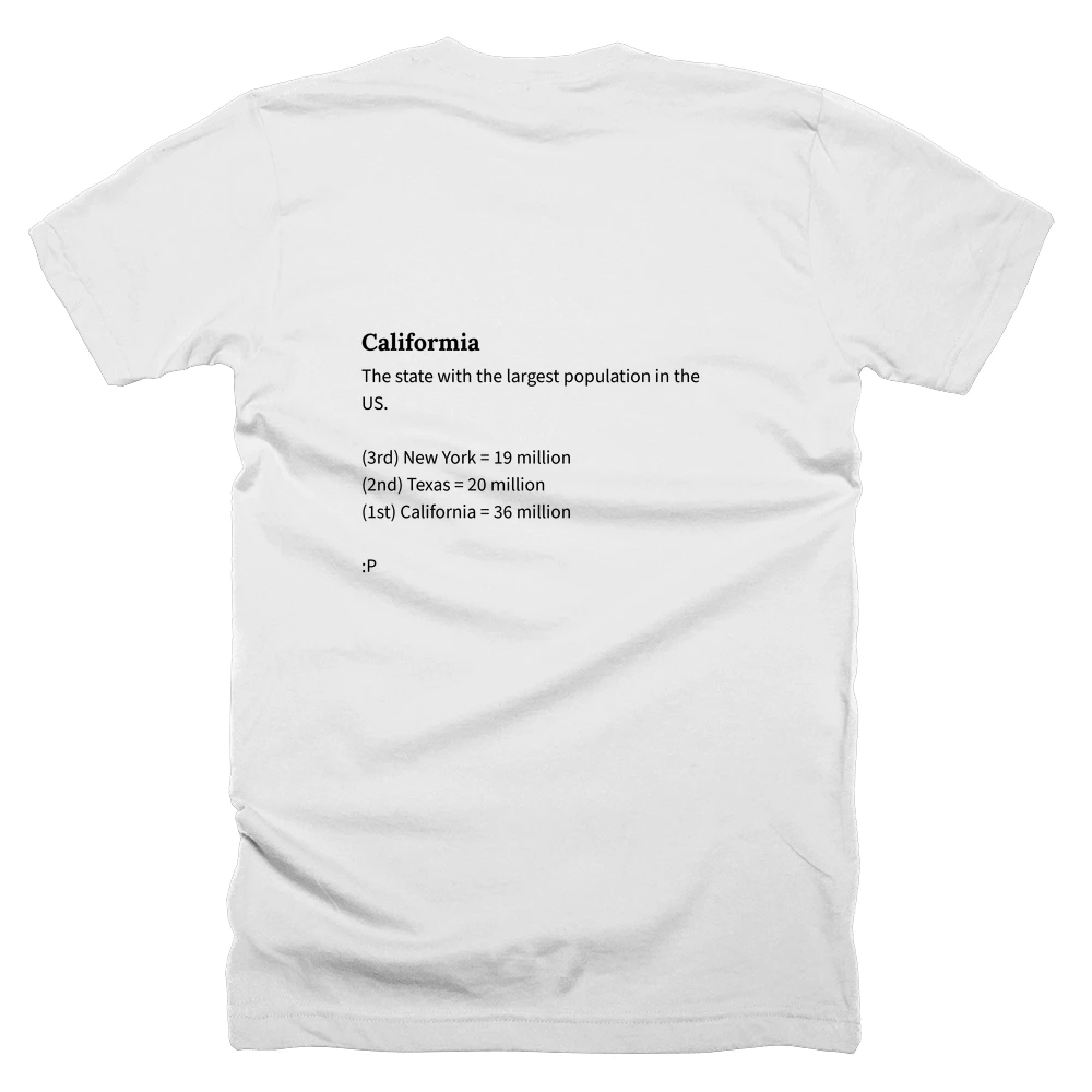 T-shirt with a definition of 'Califormia' printed on the back