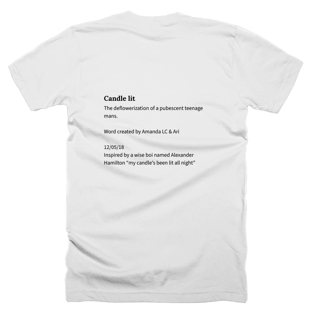 T-shirt with a definition of 'Candle lit' printed on the back