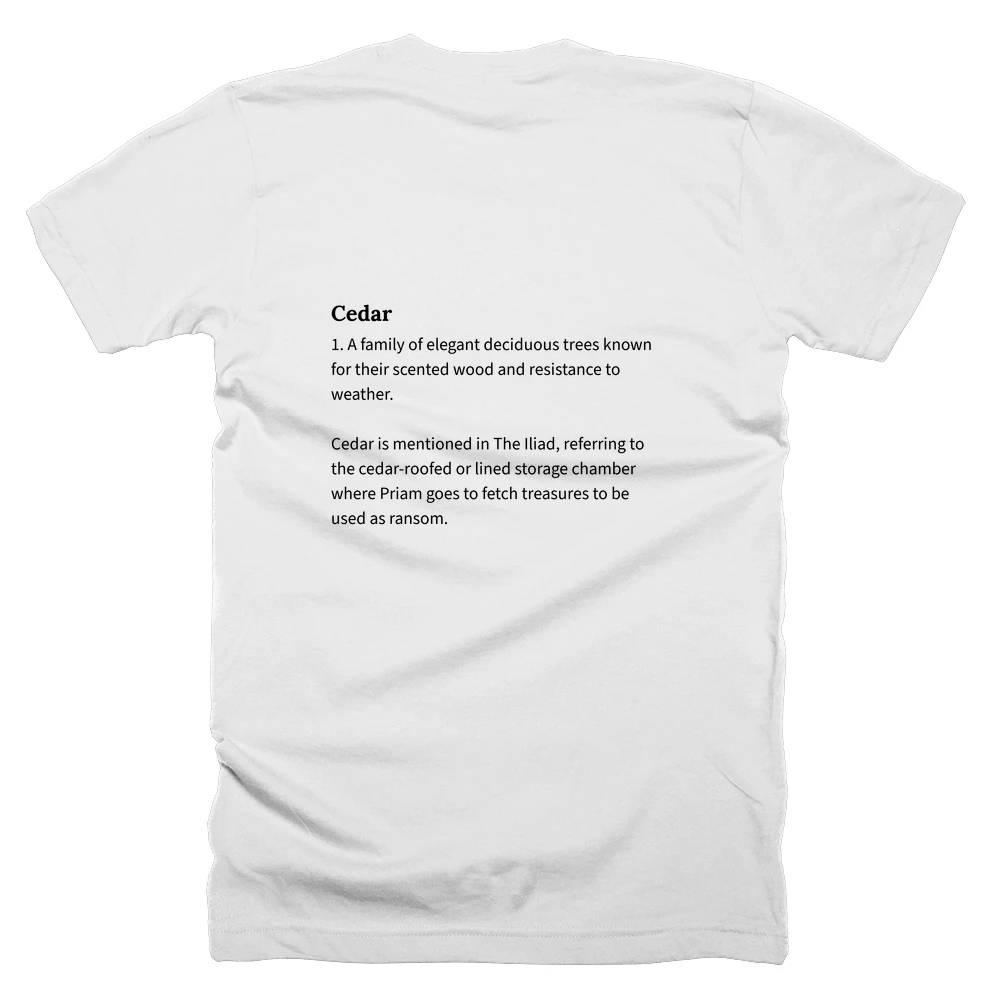 T-shirt with a definition of 'Cedar' printed on the back