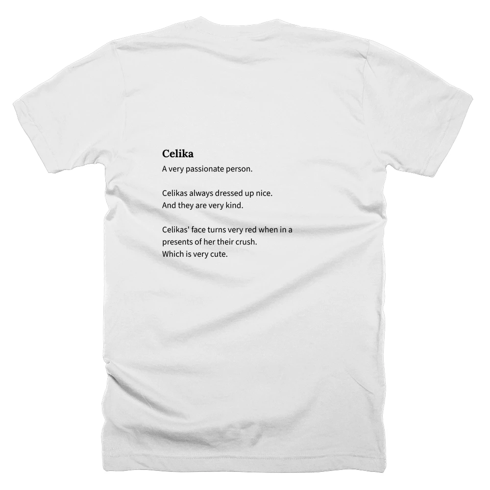 T-shirt with a definition of 'Celika' printed on the back