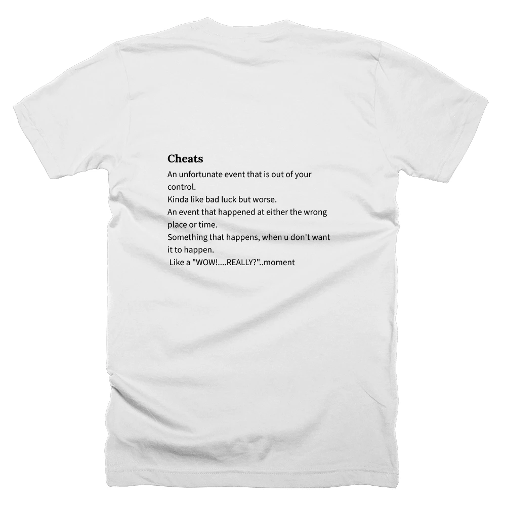 T-shirt with a definition of 'Cheats' printed on the back