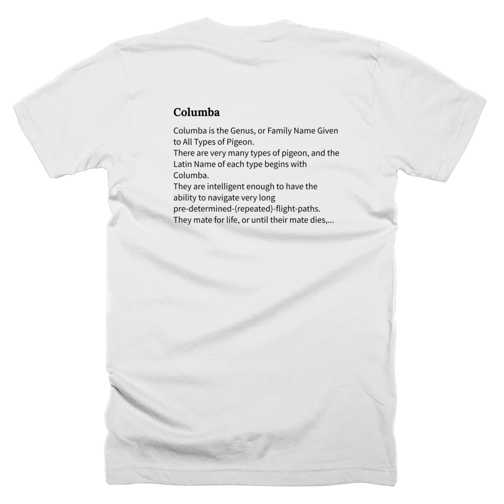 T-shirt with a definition of 'Columba' printed on the back