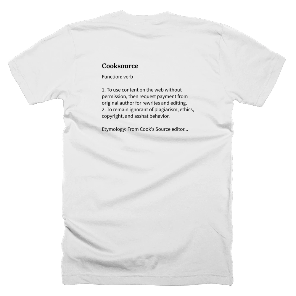 T-shirt with a definition of 'Cooksource' printed on the back