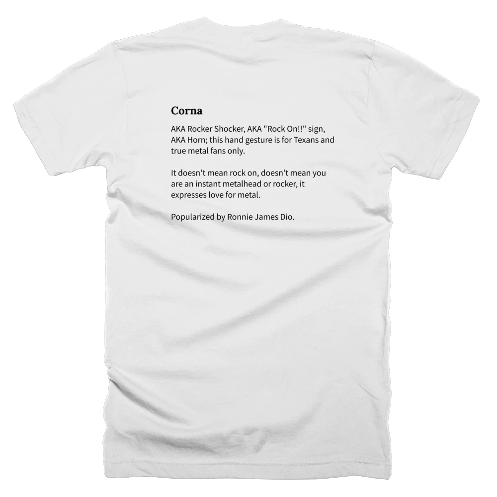 T-shirt with a definition of 'Corna' printed on the back