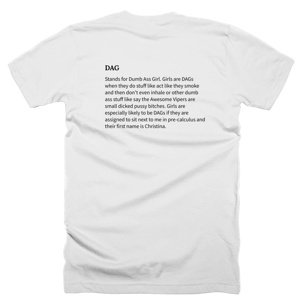 T-shirt with a definition of 'DAG' printed on the back