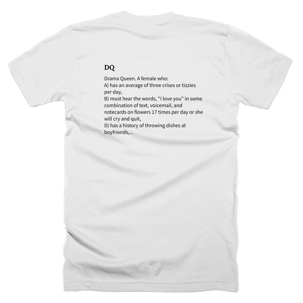 T-shirt with a definition of 'DQ' printed on the back