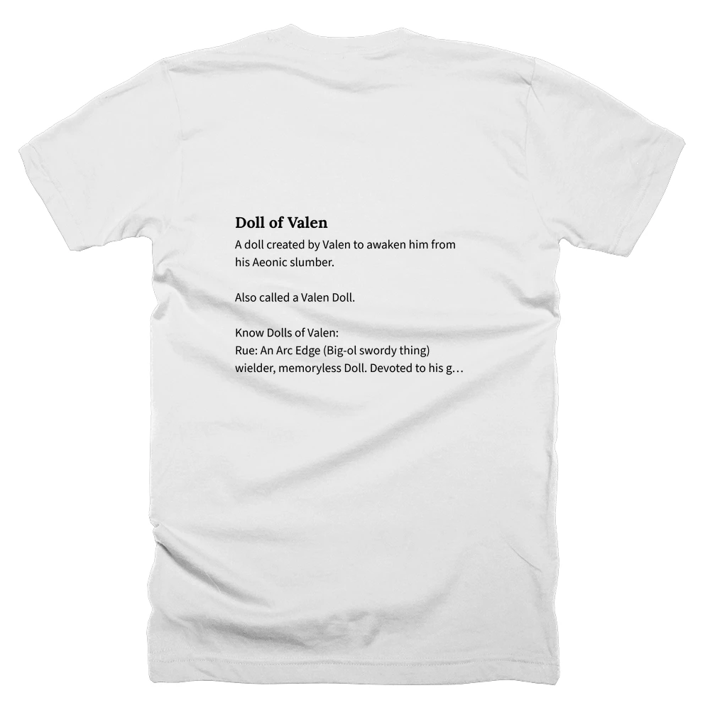 T-shirt with a definition of 'Doll of Valen' printed on the back
