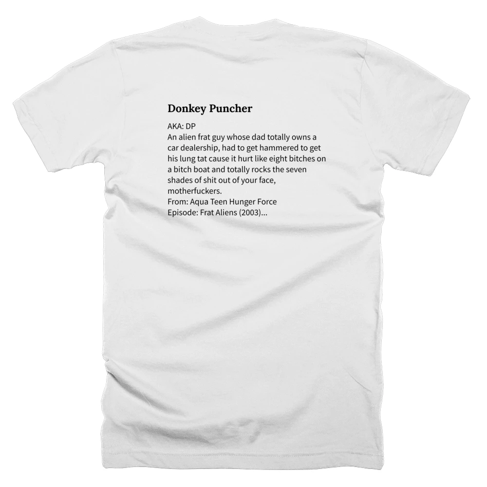 T-shirt with a definition of 'Donkey Puncher' printed on the back