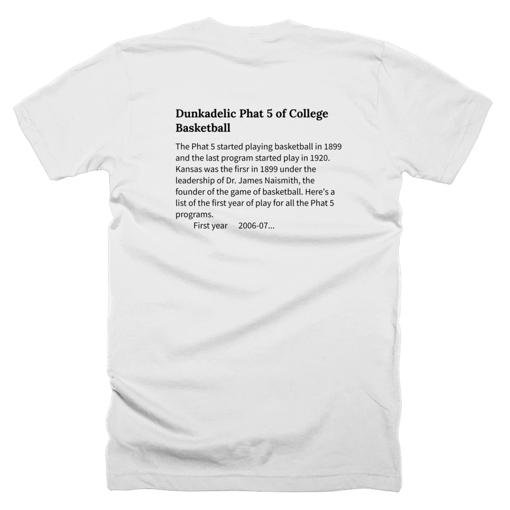 T-shirt with a definition of 'Dunkadelic Phat 5 of College Basketball' printed on the back