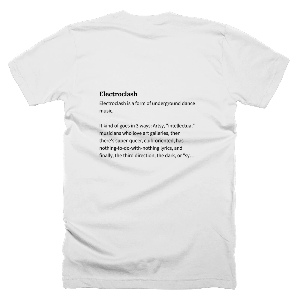 T-shirt with a definition of 'Electroclash' printed on the back