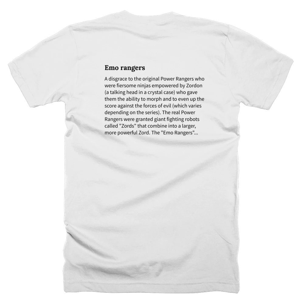 T-shirt with a definition of 'Emo rangers' printed on the back