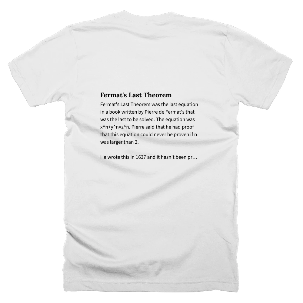 T-shirt with a definition of 'Fermat's Last Theorem' printed on the back