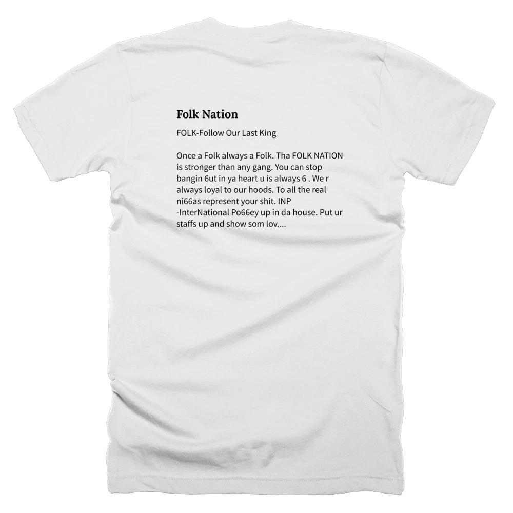 T-shirt with a definition of 'Folk Nation' printed on the back