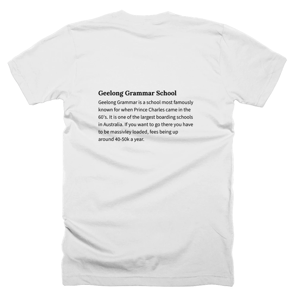 T-shirt with a definition of 'Geelong Grammar School' printed on the back