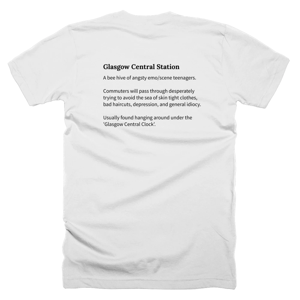 T-shirt with a definition of 'Glasgow Central Station' printed on the back