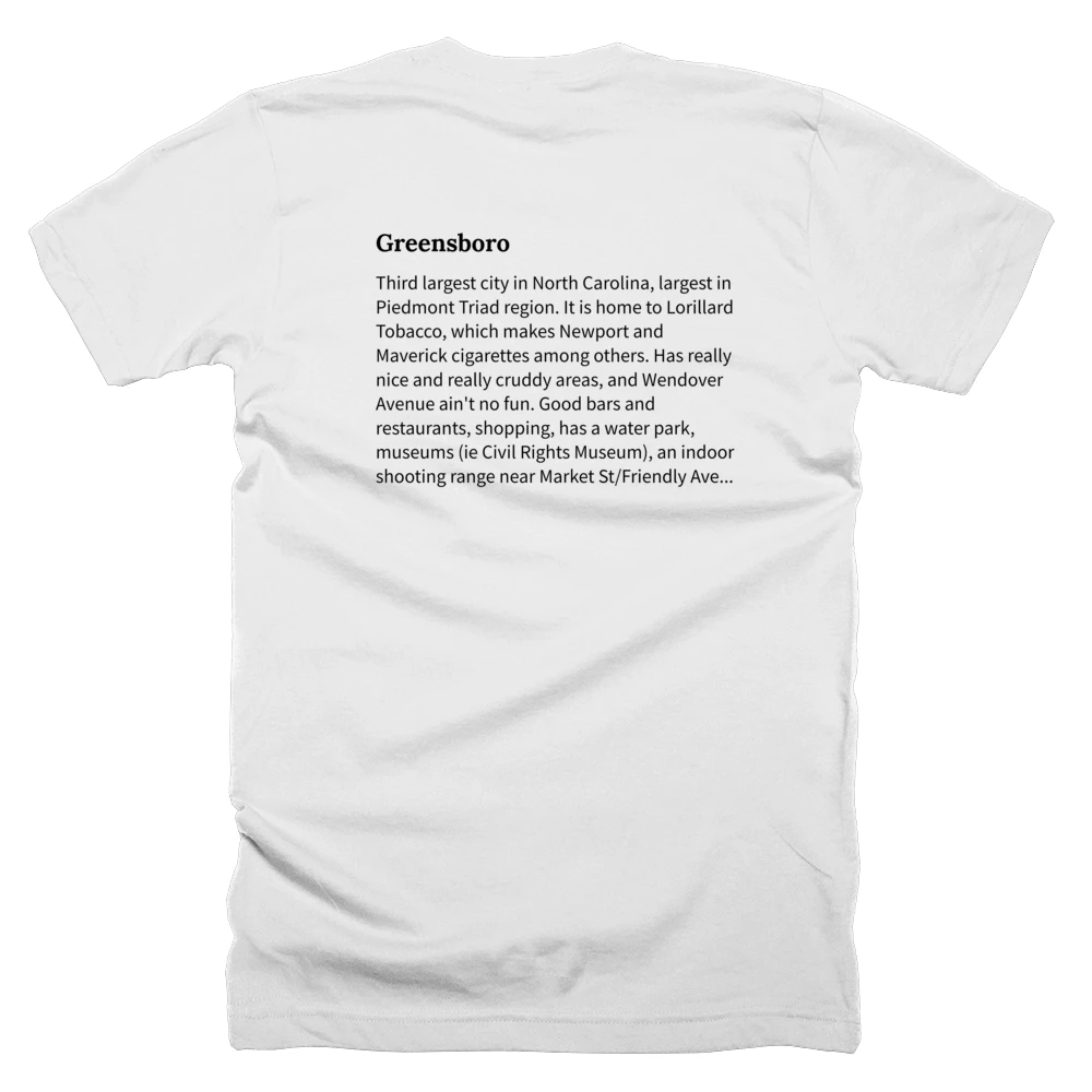 T-shirt with a definition of 'Greensboro' printed on the back