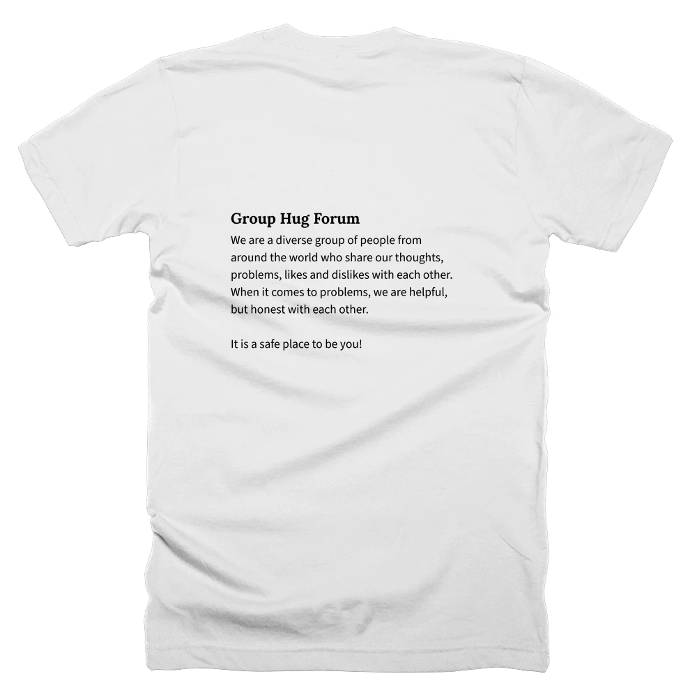 T-shirt with a definition of 'Group Hug Forum' printed on the back