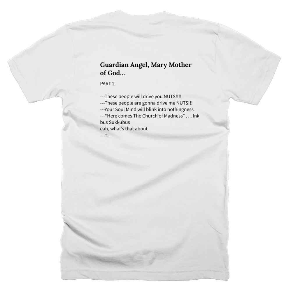 T-shirt with a definition of 'Guardian Angel, Mary Mother of God…' printed on the back