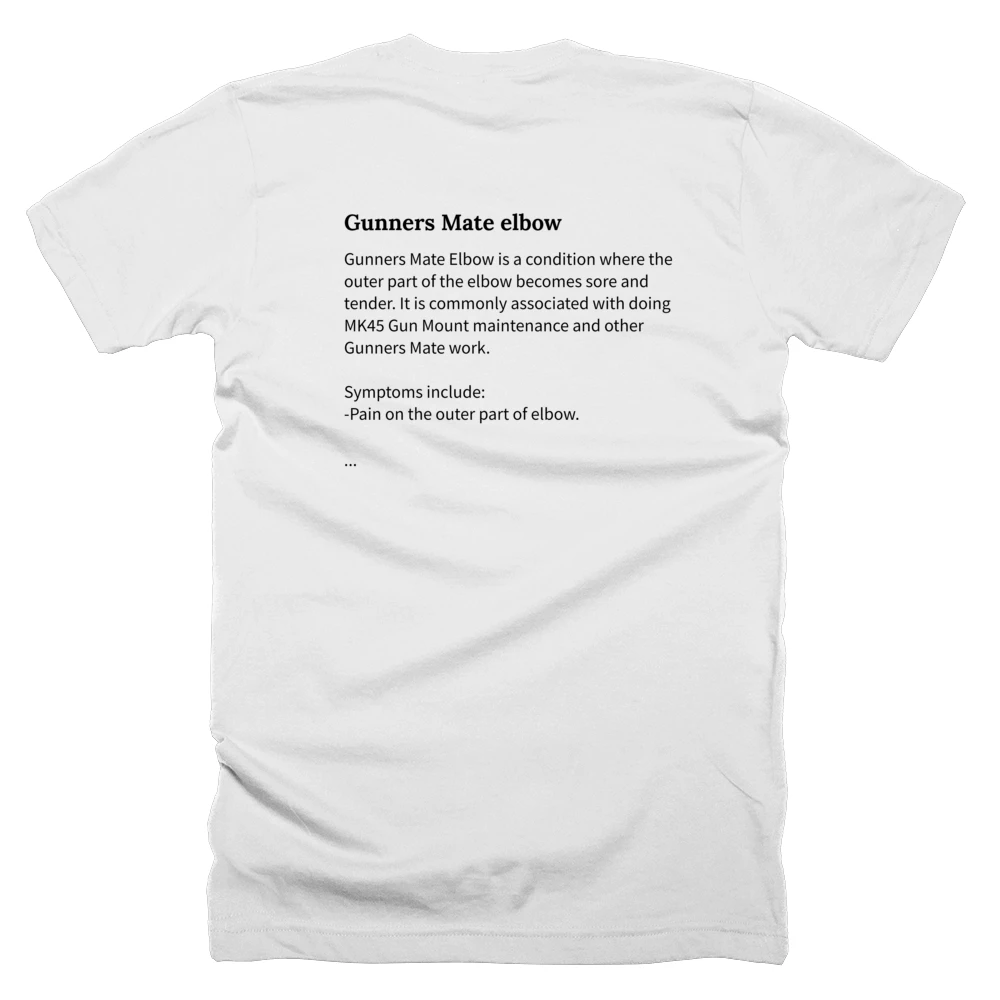 T-shirt with a definition of 'Gunners Mate elbow' printed on the back