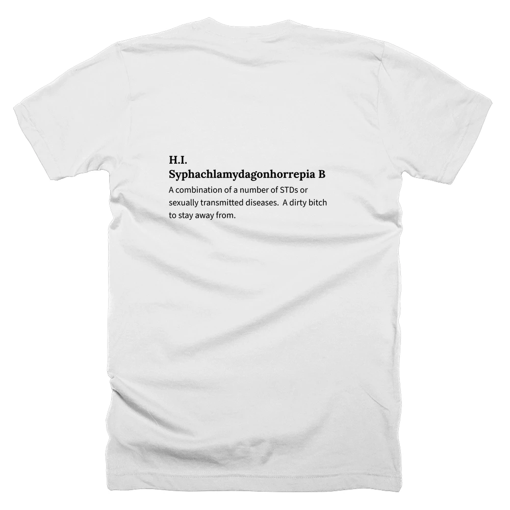 T-shirt with a definition of 'H.I. Syphachlamydagonhorrepia B' printed on the back