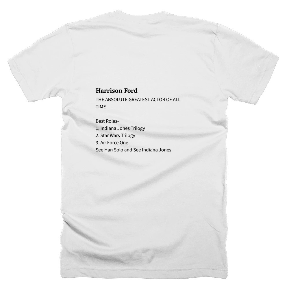 T-shirt with a definition of 'Harrison Ford' printed on the back