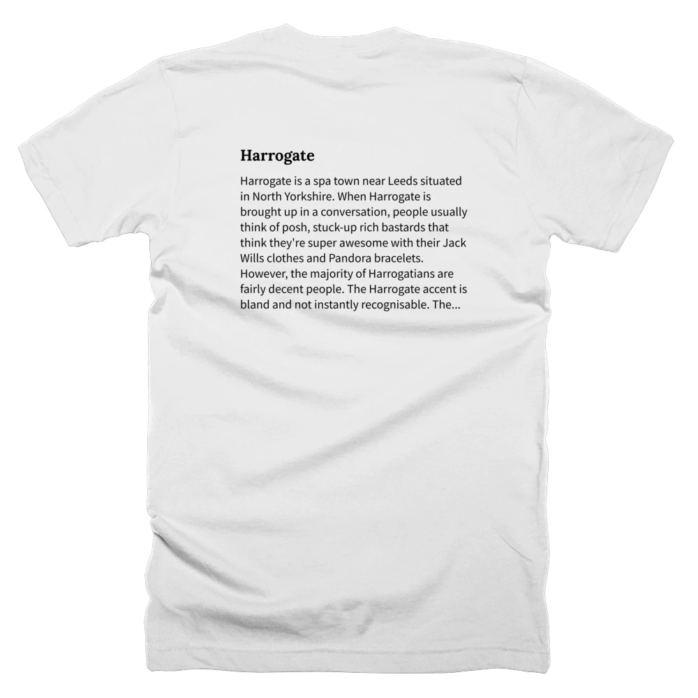 T-shirt with a definition of 'Harrogate' printed on the back