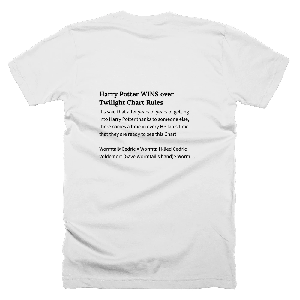 T-shirt with a definition of 'Harry Potter WINS over Twilight Chart Rules' printed on the back
