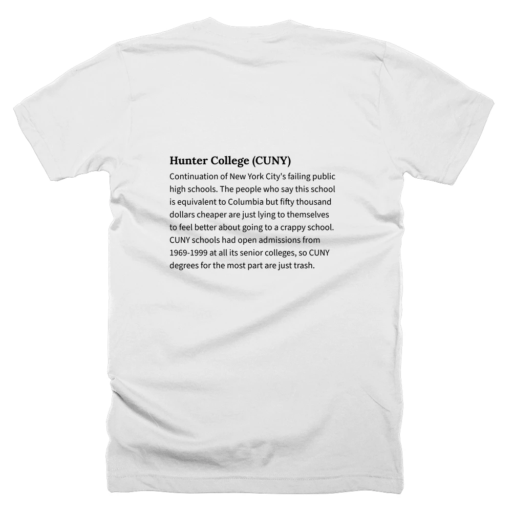 T-shirt with a definition of 'Hunter College (CUNY)' printed on the back