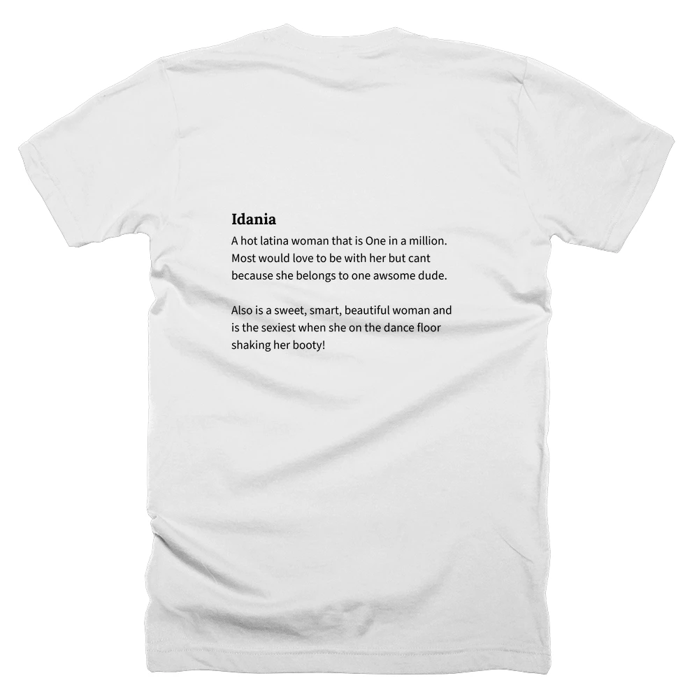 T-shirt with a definition of 'Idania' printed on the back