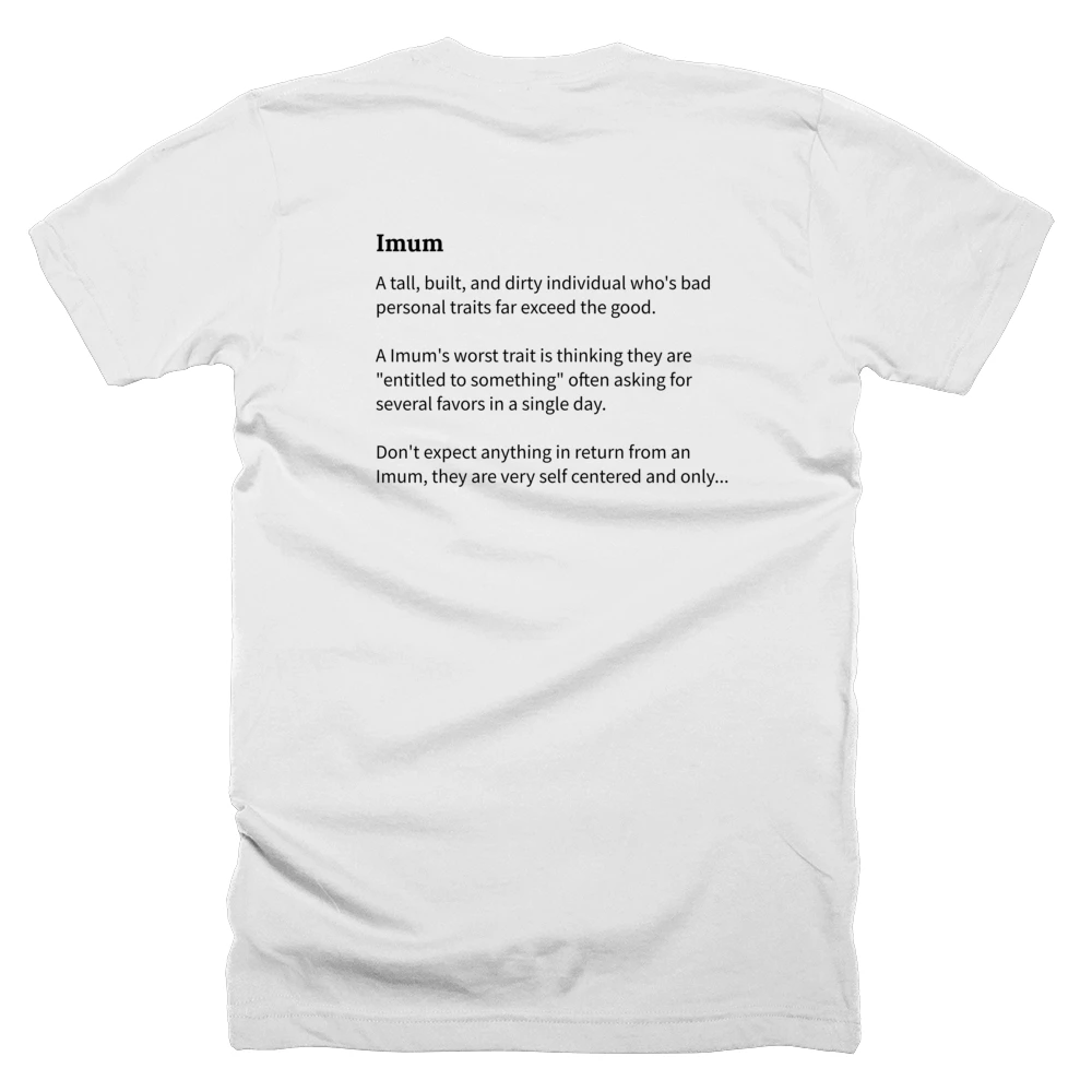 T-shirt with a definition of 'Imum' printed on the back