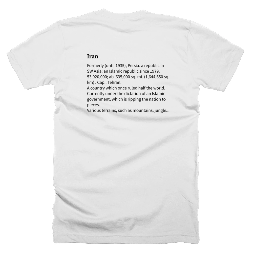 T-shirt with a definition of 'Iran' printed on the back