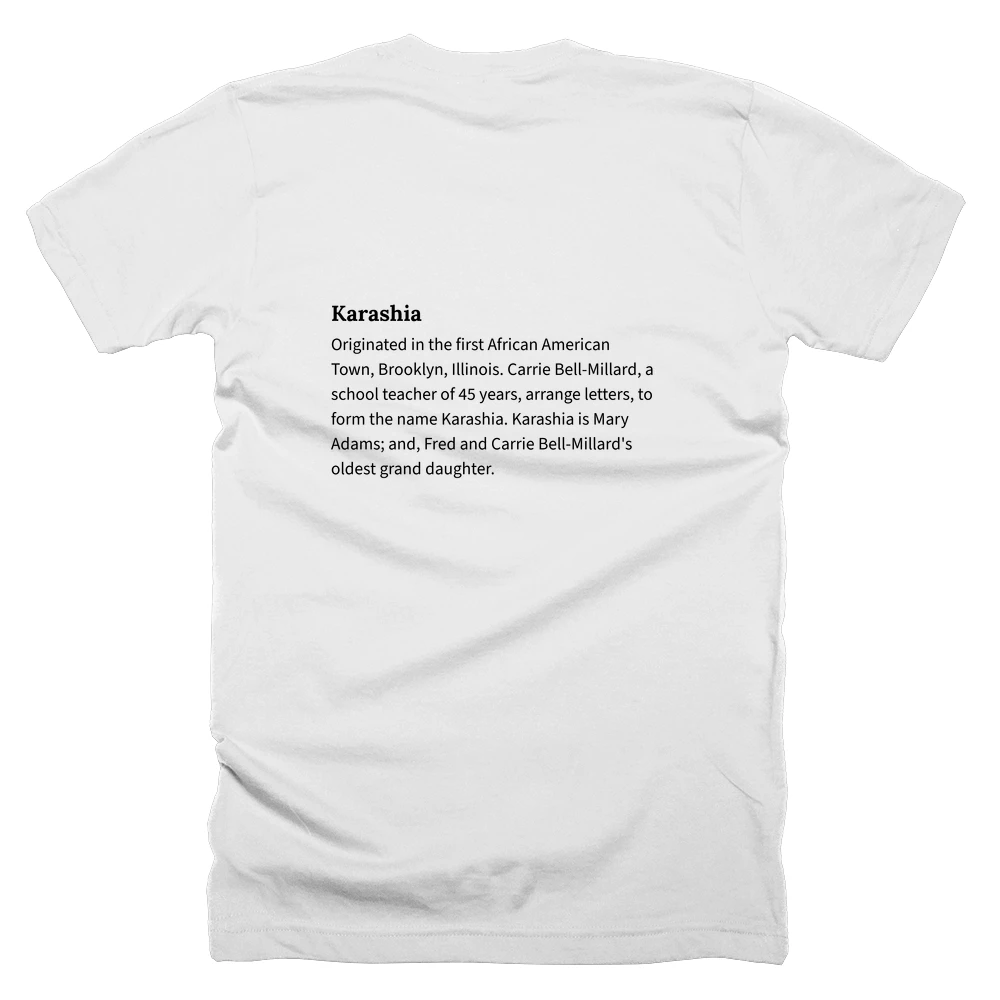 T-shirt with a definition of 'Karashia' printed on the back