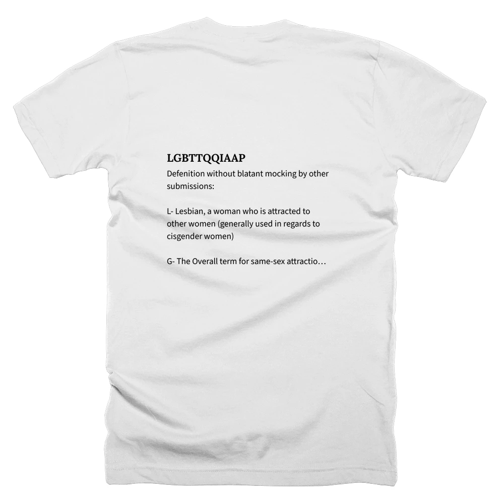 T-shirt with a definition of 'LGBTTQQIAAP' printed on the back