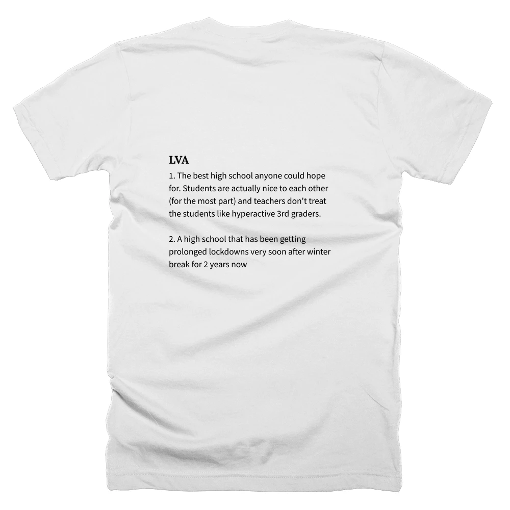 T-shirt with a definition of 'LVA' printed on the back