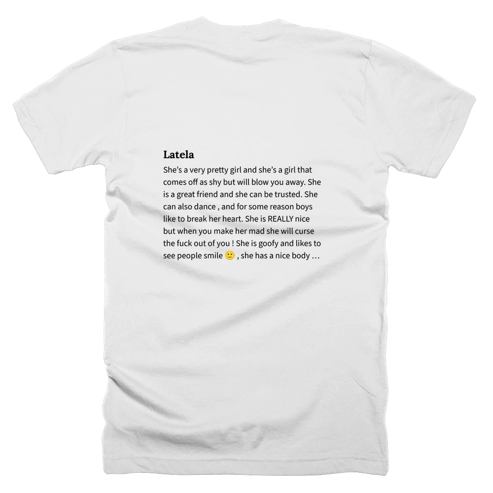 T-shirt with a definition of 'Latela' printed on the back
